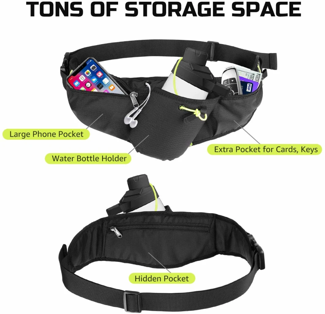 Running Multi-Pocket Waist Bag, Running Pouch Belt with Water Bottle Holder, Waterproof Runner Sports Bag, Reflective Fits 6.5 Cellphone Wyz12967