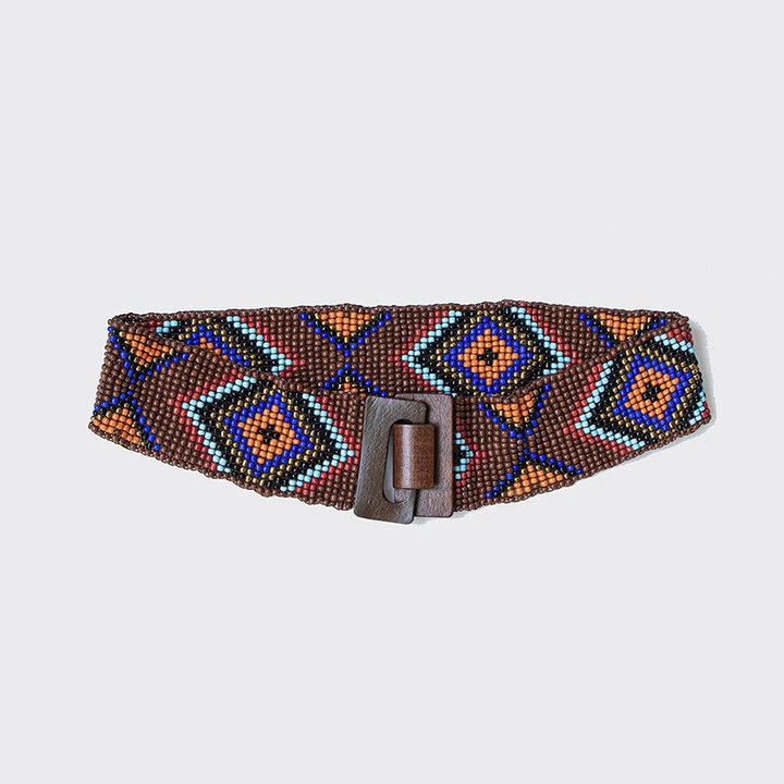 Women&prime;s Handmade Beaded Bohemian Geometric Colorful Elastic Wood Buckle Ethnic Waistband Fashion Belt Custom Waistband