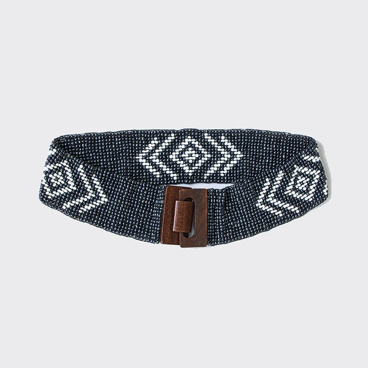 Women&prime;s Handmade Beaded Bohemian Geometric Colorful Elastic Wood Buckle Ethnic Waistband Fashion Belt Custom Waistband