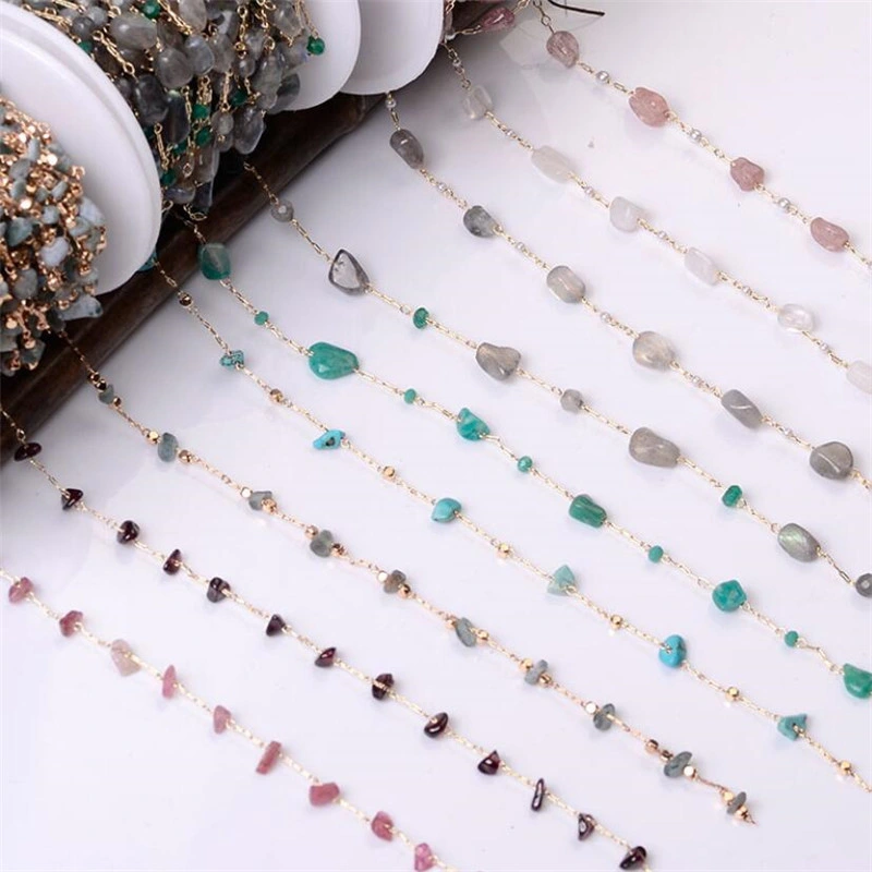 18K Pure Gold Crystal Agate Amethyst Gravel Chain Turquoise Tourmaline Link Chain for DIY Earring Necklace Bracelet Waist Chain